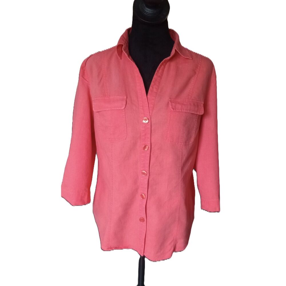 Chaus Women's 6 Orange Linen Blend Button Up Roll Tab Blouse